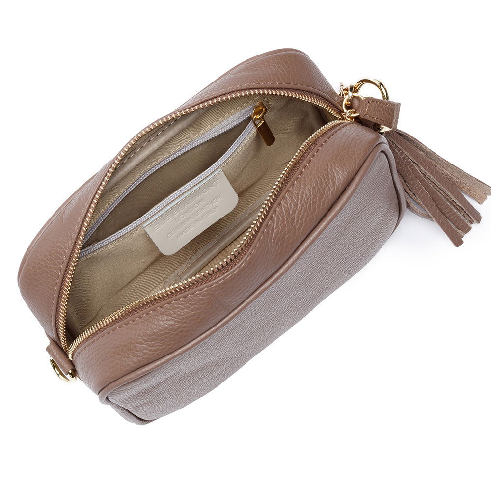 Personalised Elie Beaumont Taupe Bag With Gold Chevron Strap