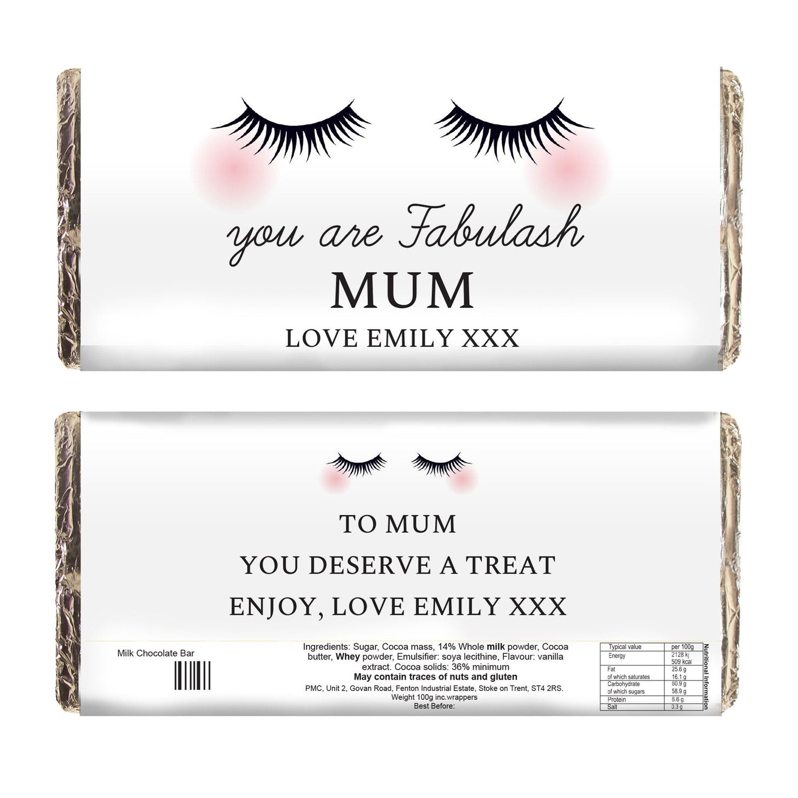 Personalised Eyelashes Milk Chocolate Bar