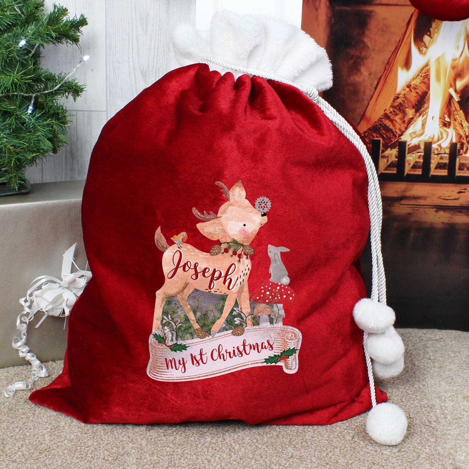 Personalised Festive Fawn Luxury Pom Pom Red Children's Christmas Sack