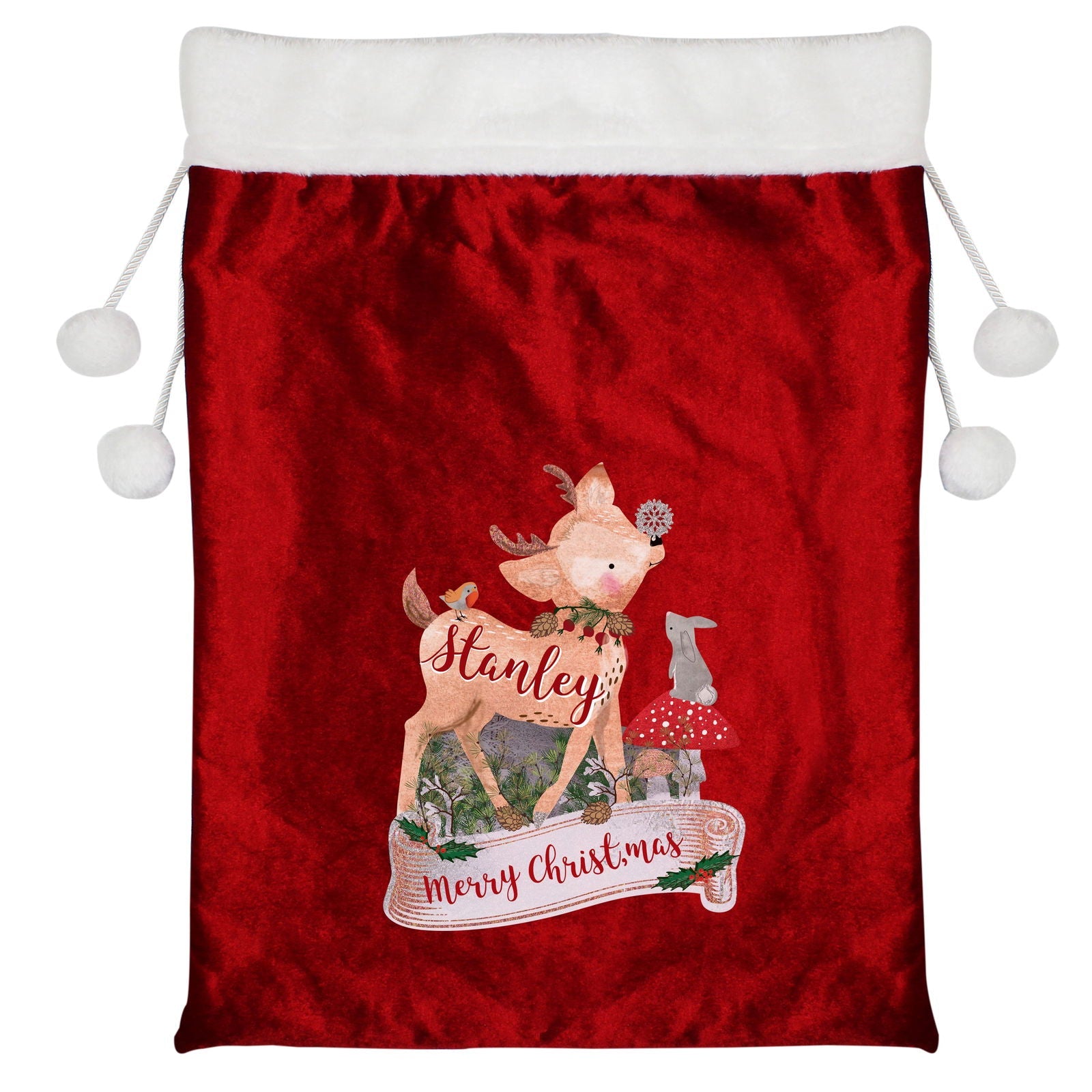Personalised Festive Fawn Luxury Pom Pom Red Children's Christmas Sack
