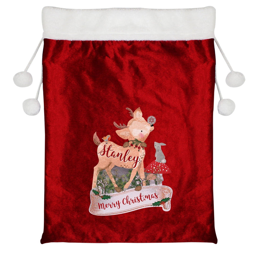Personalised Festive Fawn Luxury Pom Pom Red Children's Christmas Sack