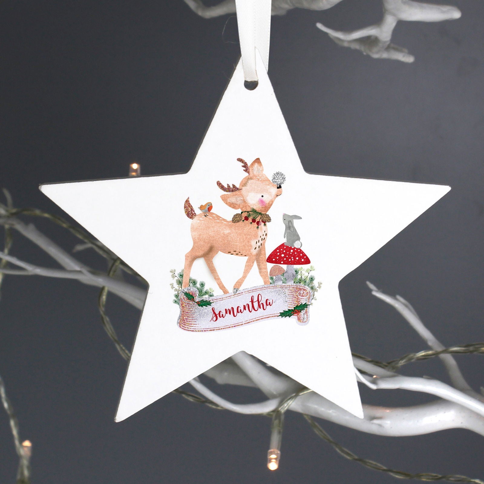 Personalised Festive Fawn Wooden Star Decoration