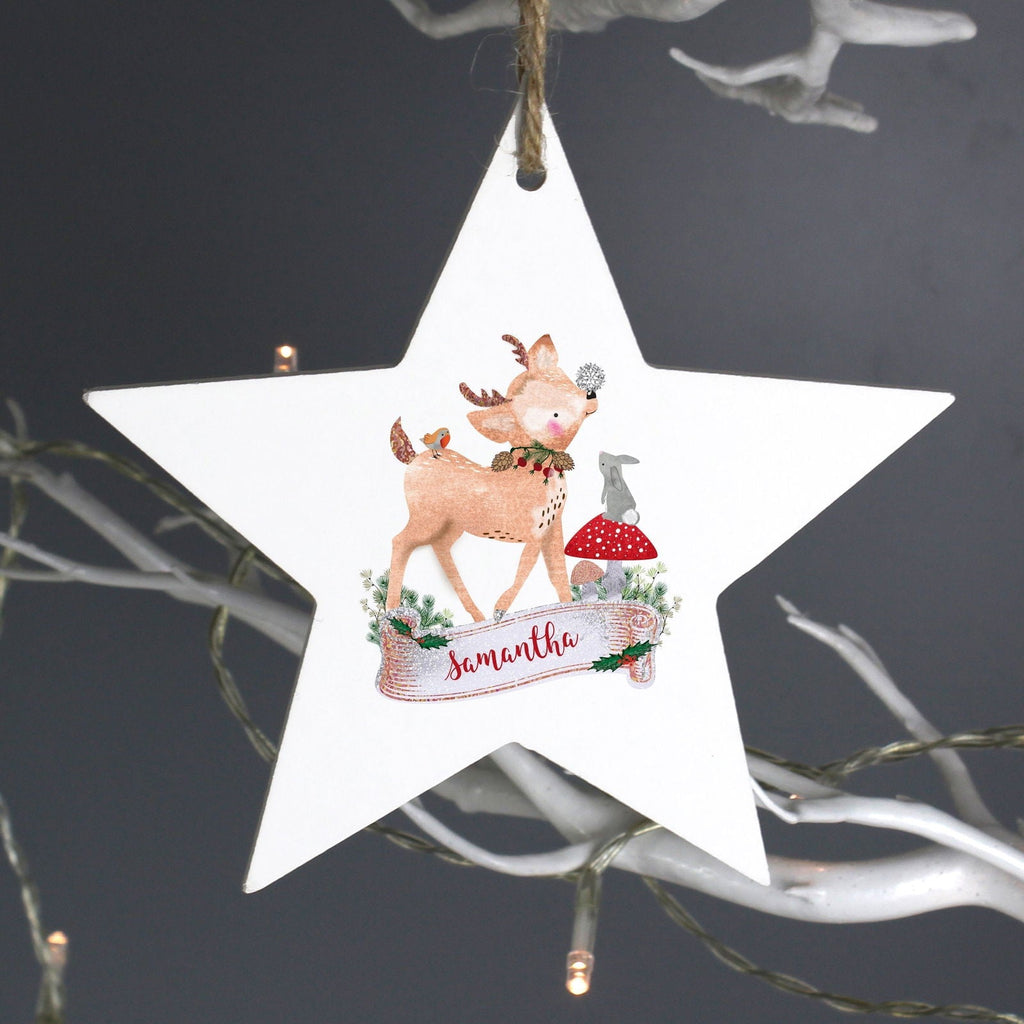 Personalised Festive Fawn Wooden Star Decoration