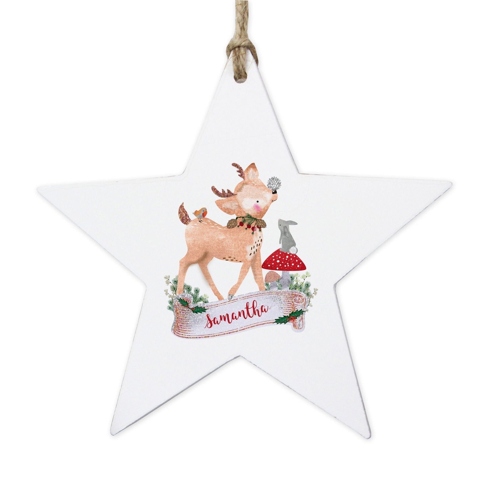 Personalised Festive Fawn Wooden Star Decoration