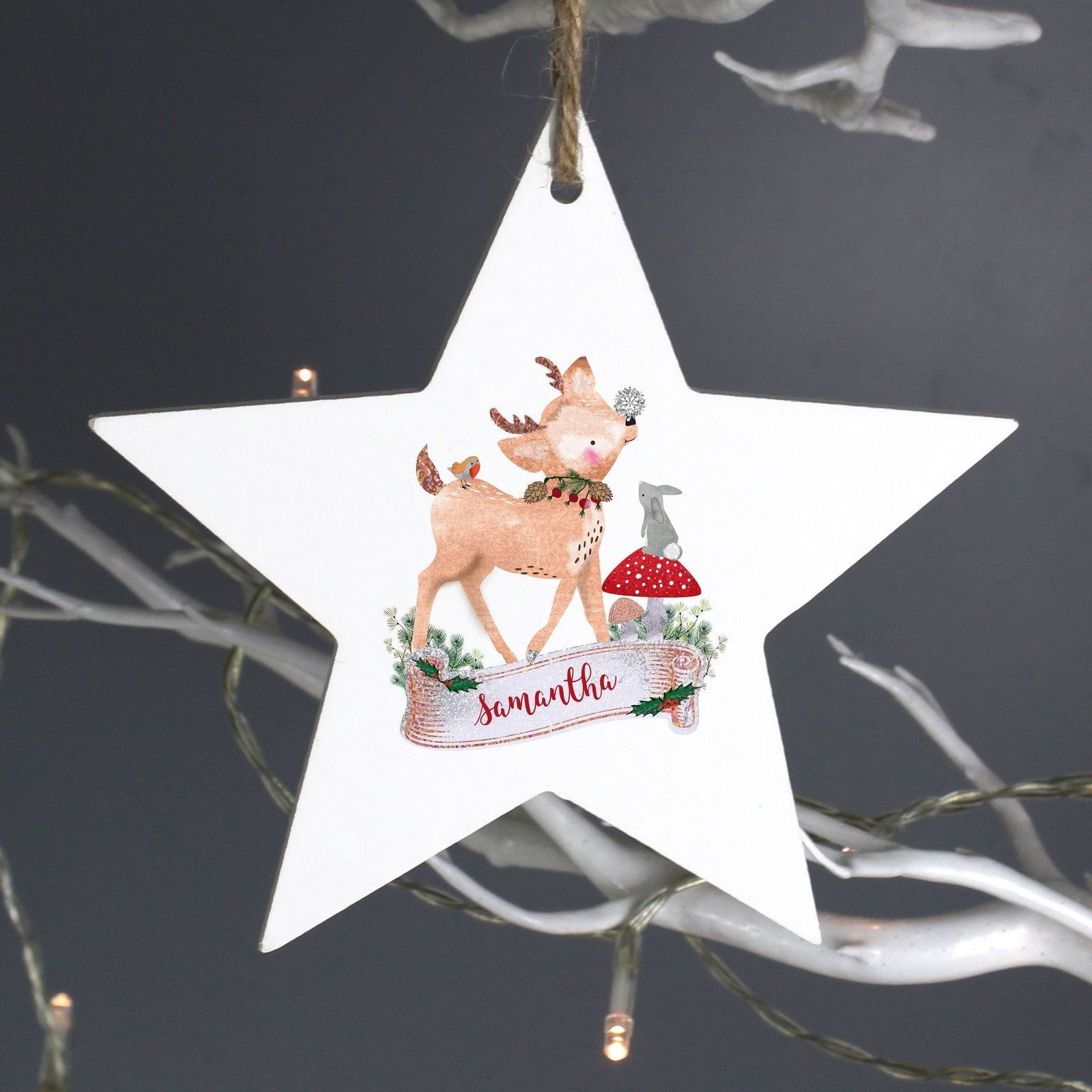 Personalised Festive Fawn Wooden Star Decoration