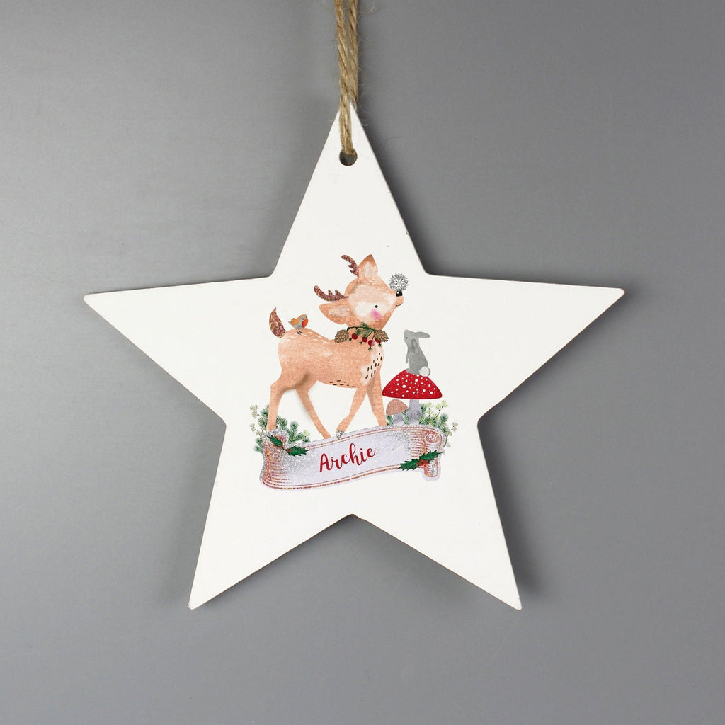 Personalised Festive Fawn Wooden Star Decoration