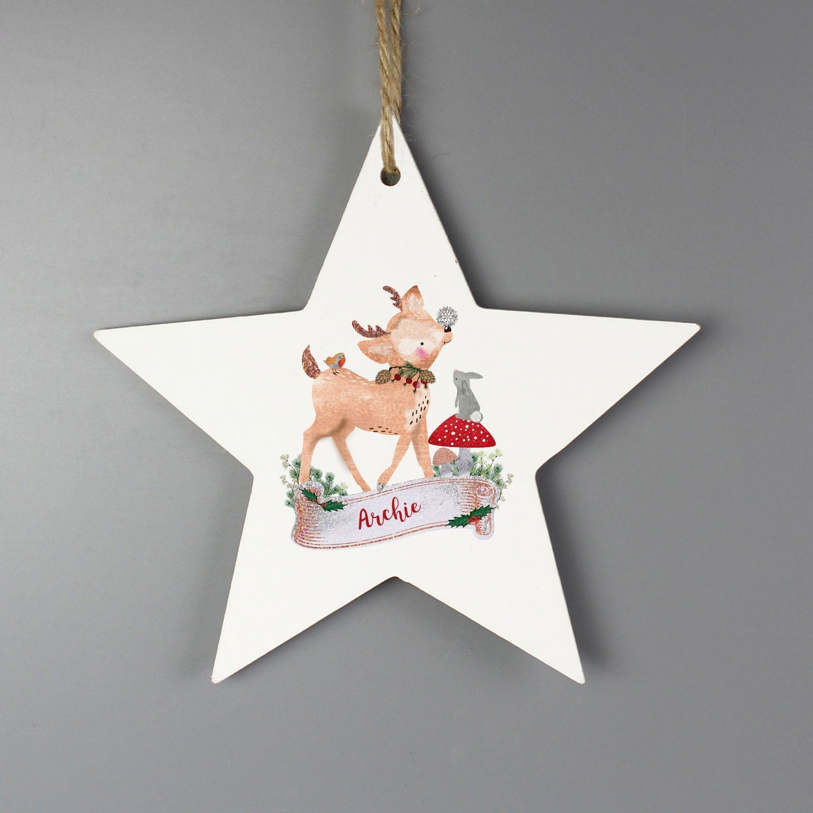 Personalised Festive Fawn Wooden Star Decoration