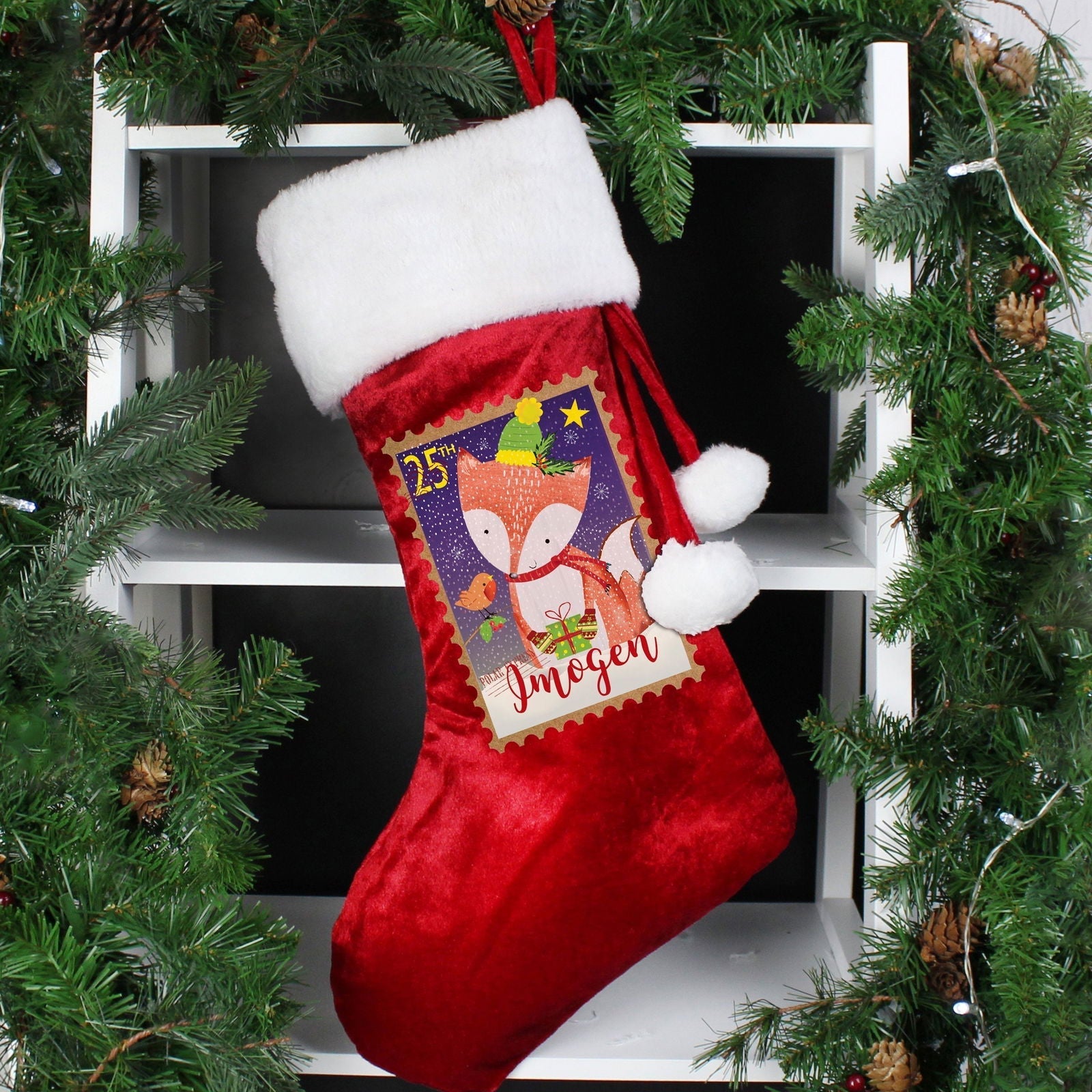 Personalised Festive Fox Luxury Red Stocking
