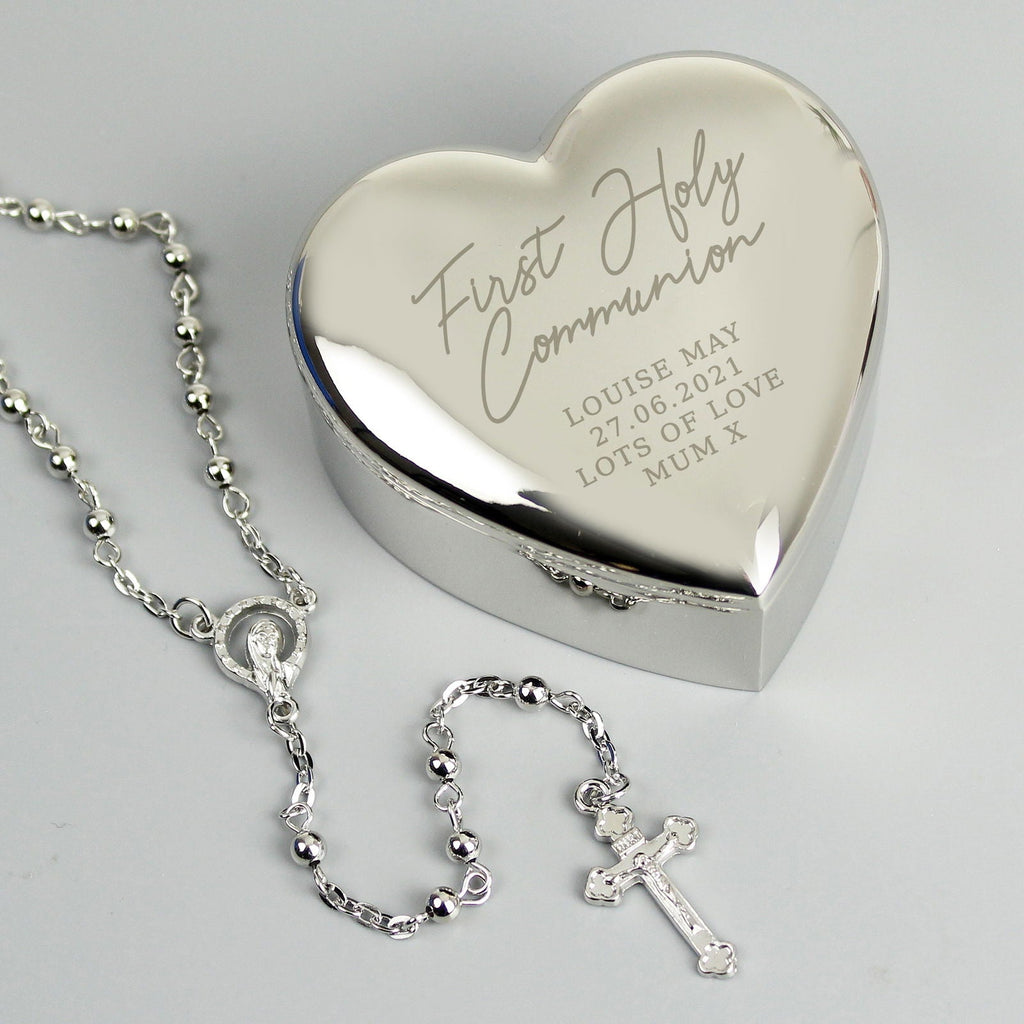 Personalised First Holy Communion Rosary Beads And Cross Heart Trinket Box