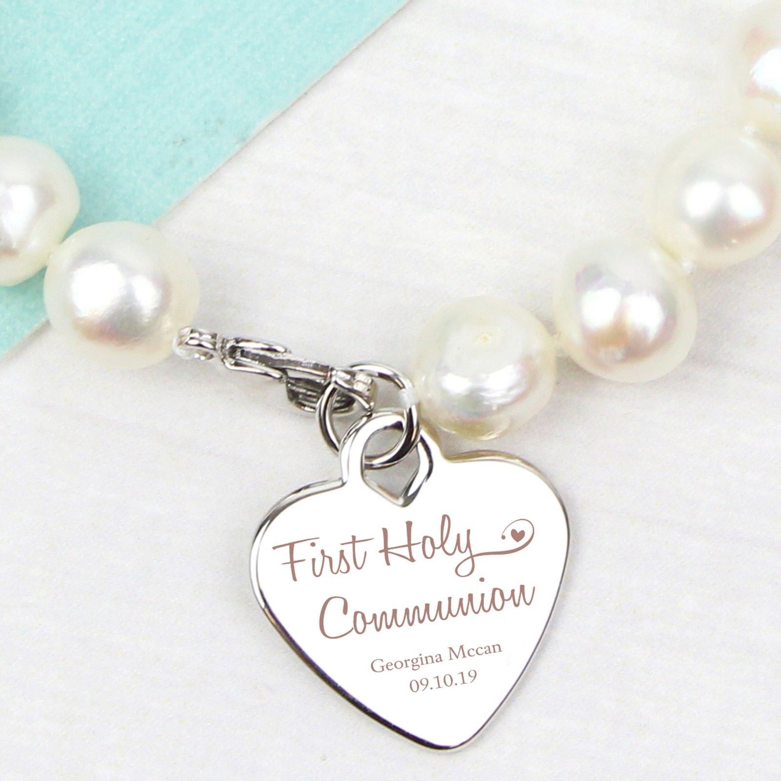 Personalised First Holy Communion Swirls & Hearts White Freshwater Pearl Bracelet