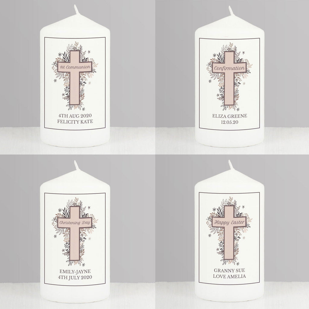 Personalised Floral Cross Pillar Candle