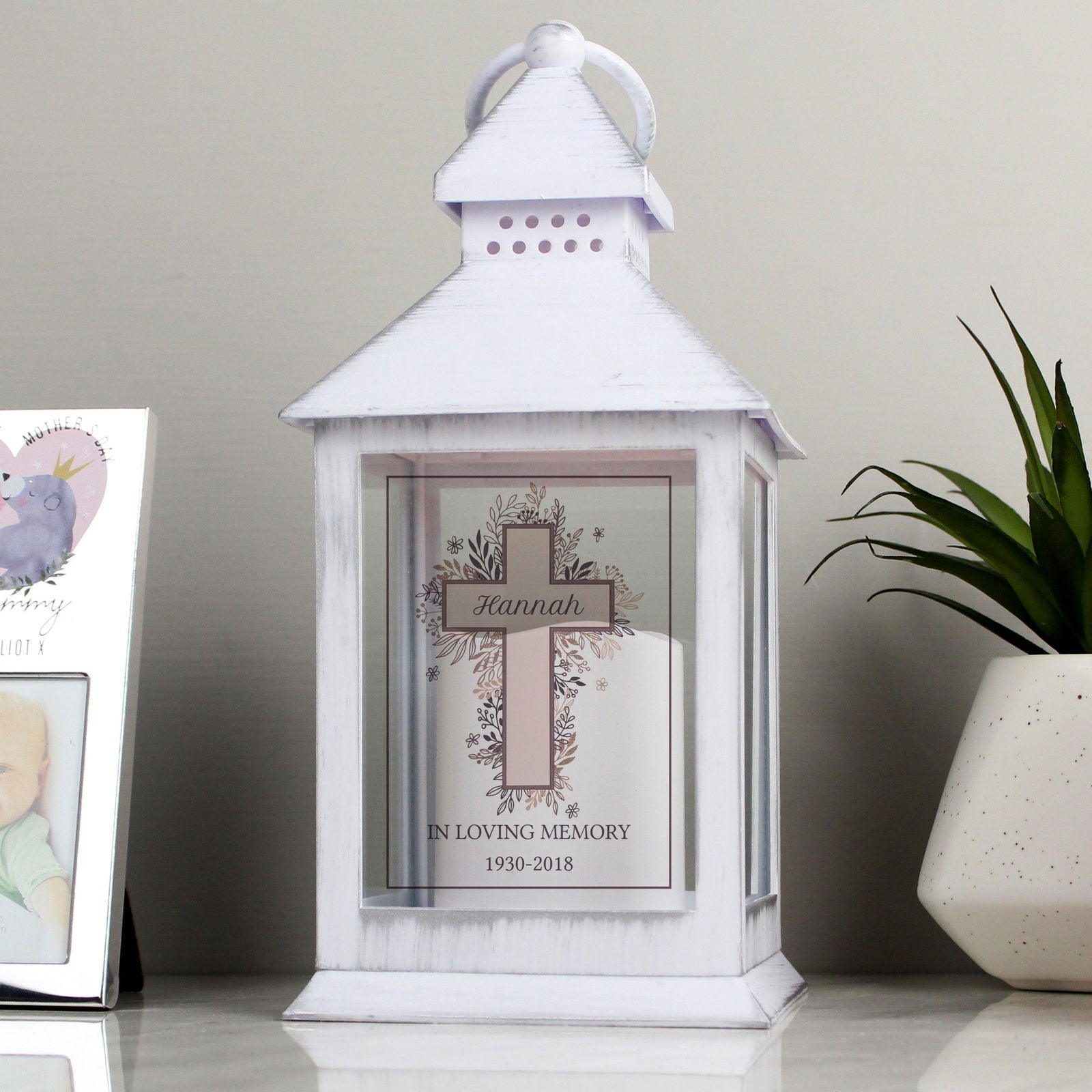 Personalised Floral Cross White Lantern