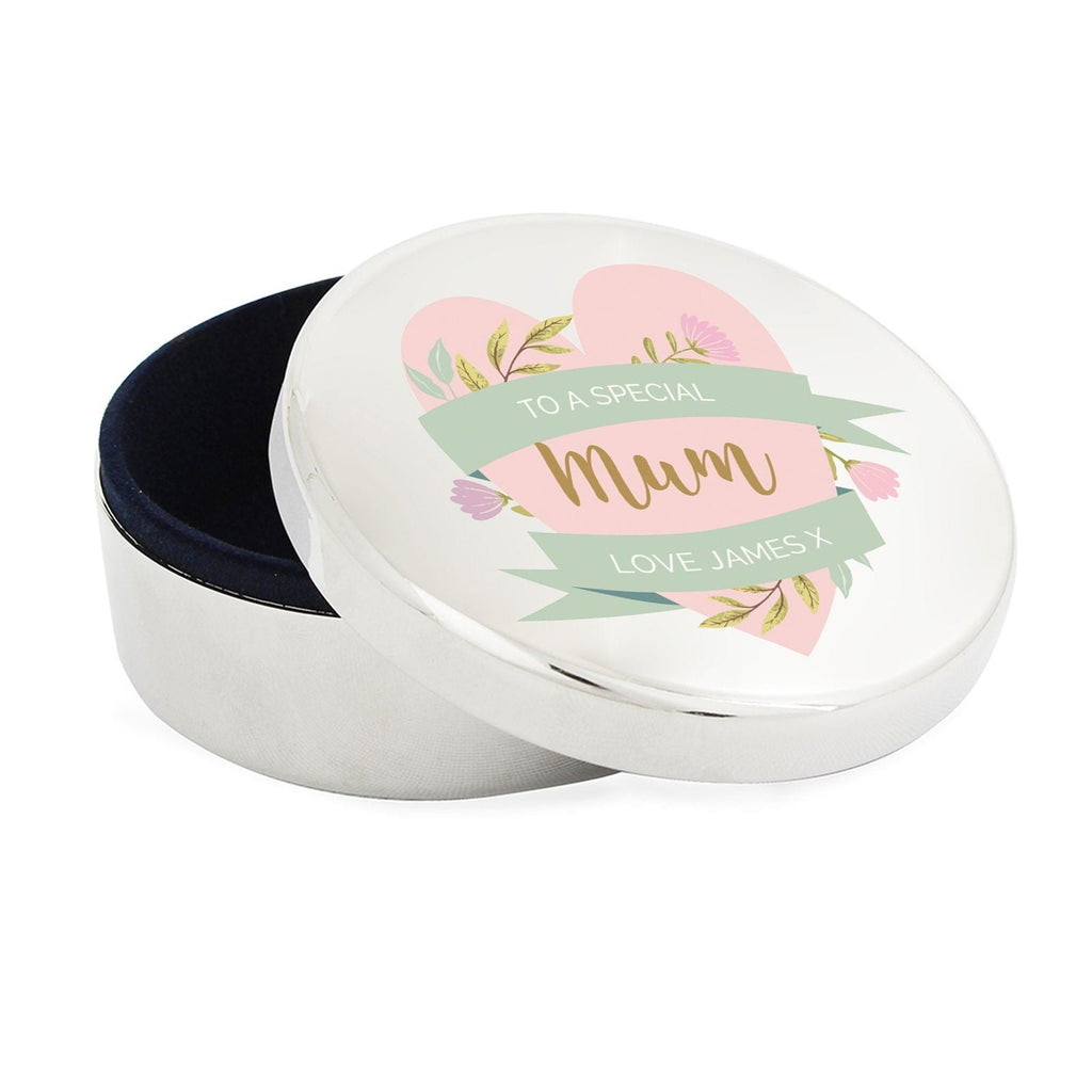 Personalised Floral Heart Mothers Day Round Trinket Box