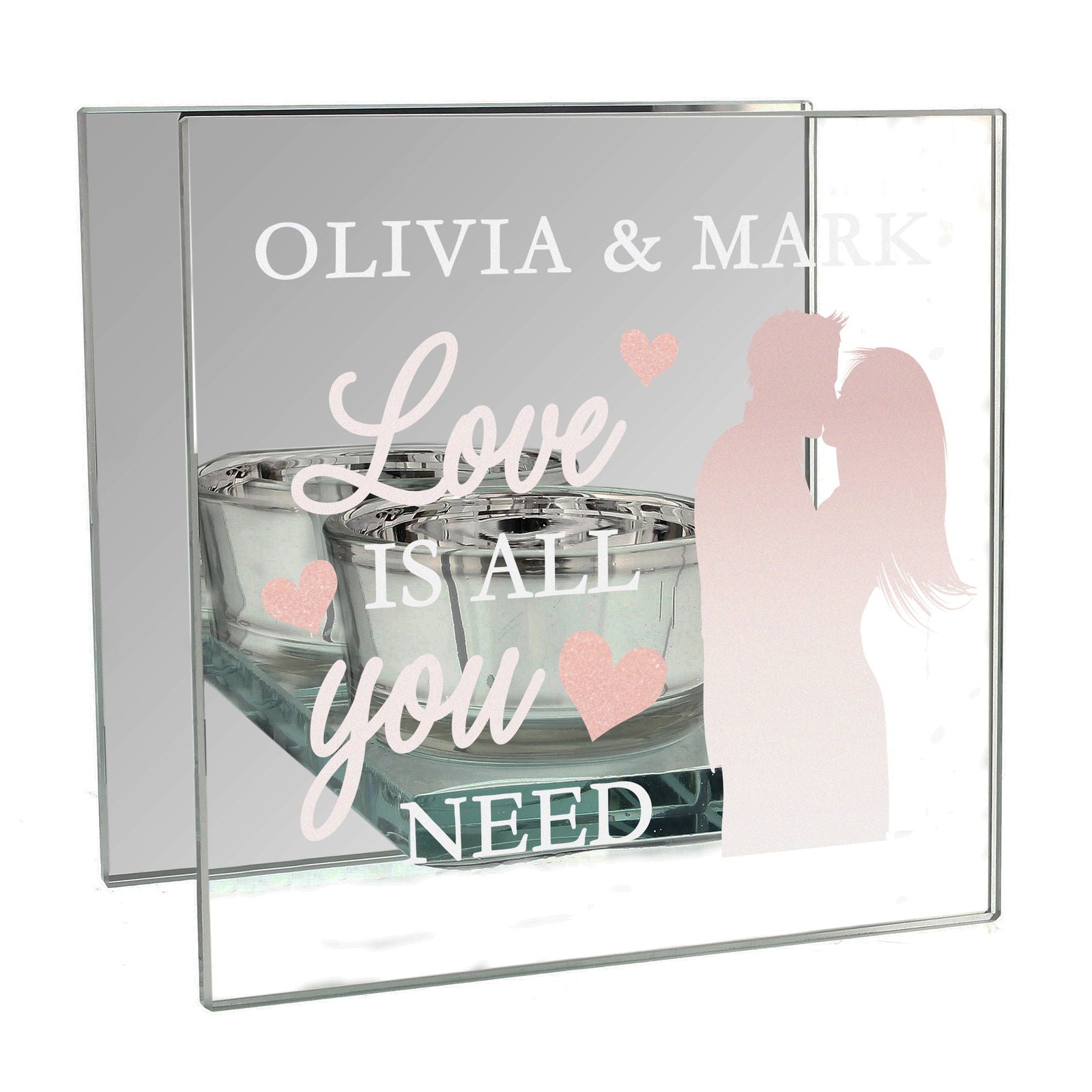 Personalised 'Love Is All You Need' Mirrored Glass Tea Light Candle Holder