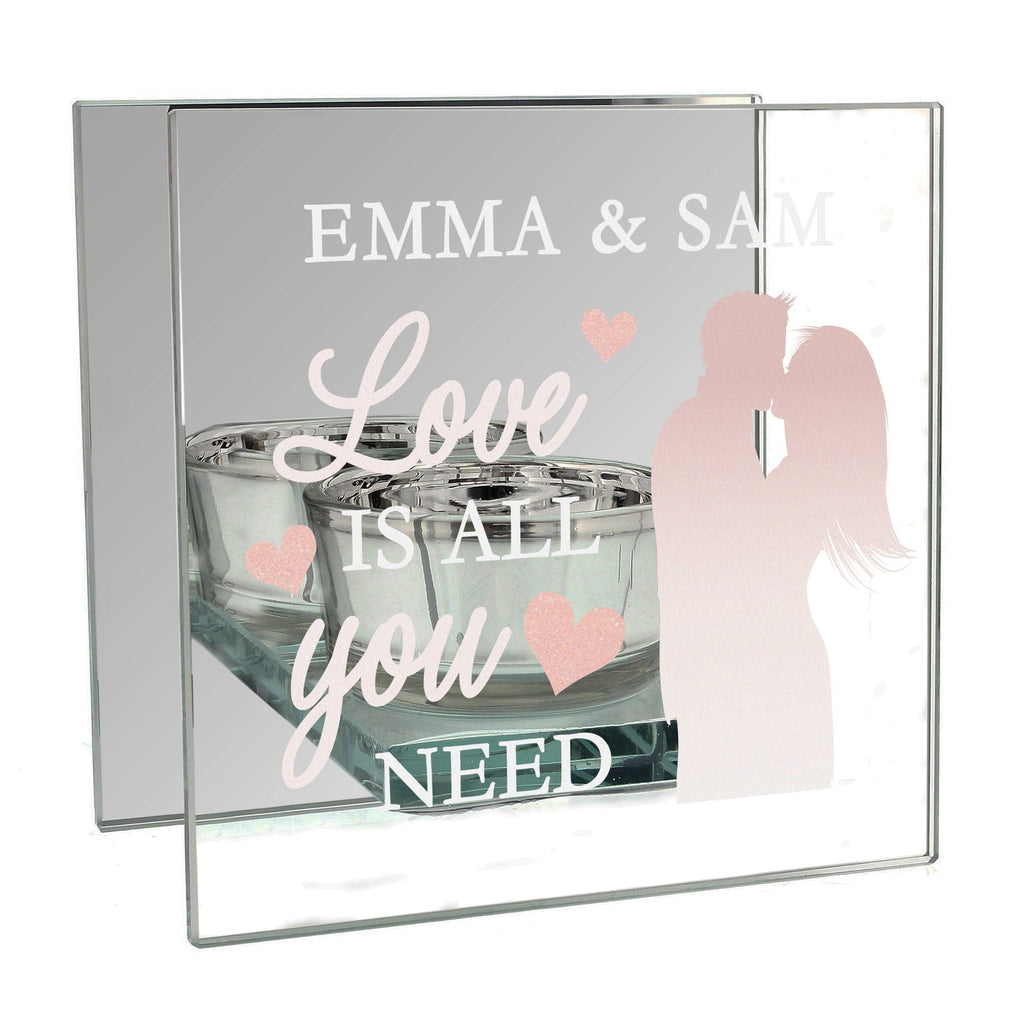 Personalised 'Love Is All You Need' Mirrored Glass Tea Light Candle Holder