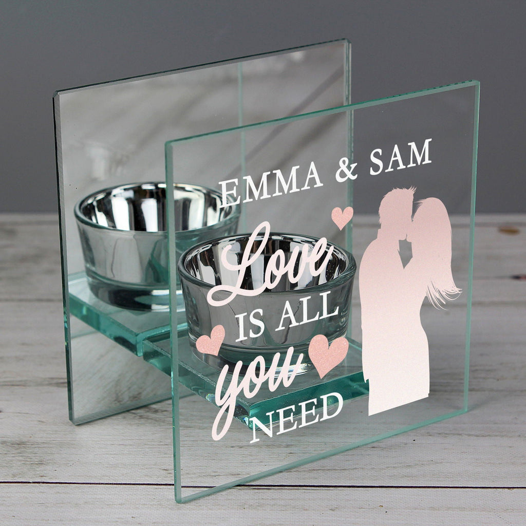Personalised 'Love Is All You Need' Mirrored Glass Tea Light Candle Holder