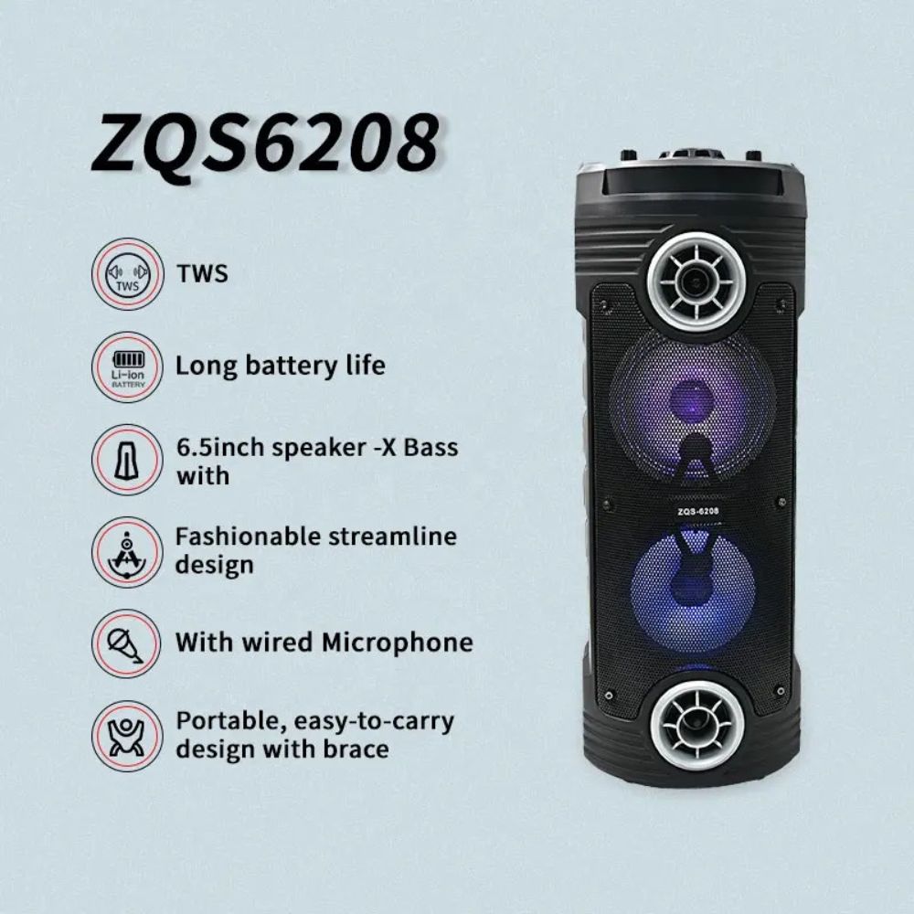Portable Bluetooth Tower Speaker with Wired Microphone – Wireless, USB Input (ZQS-6208)