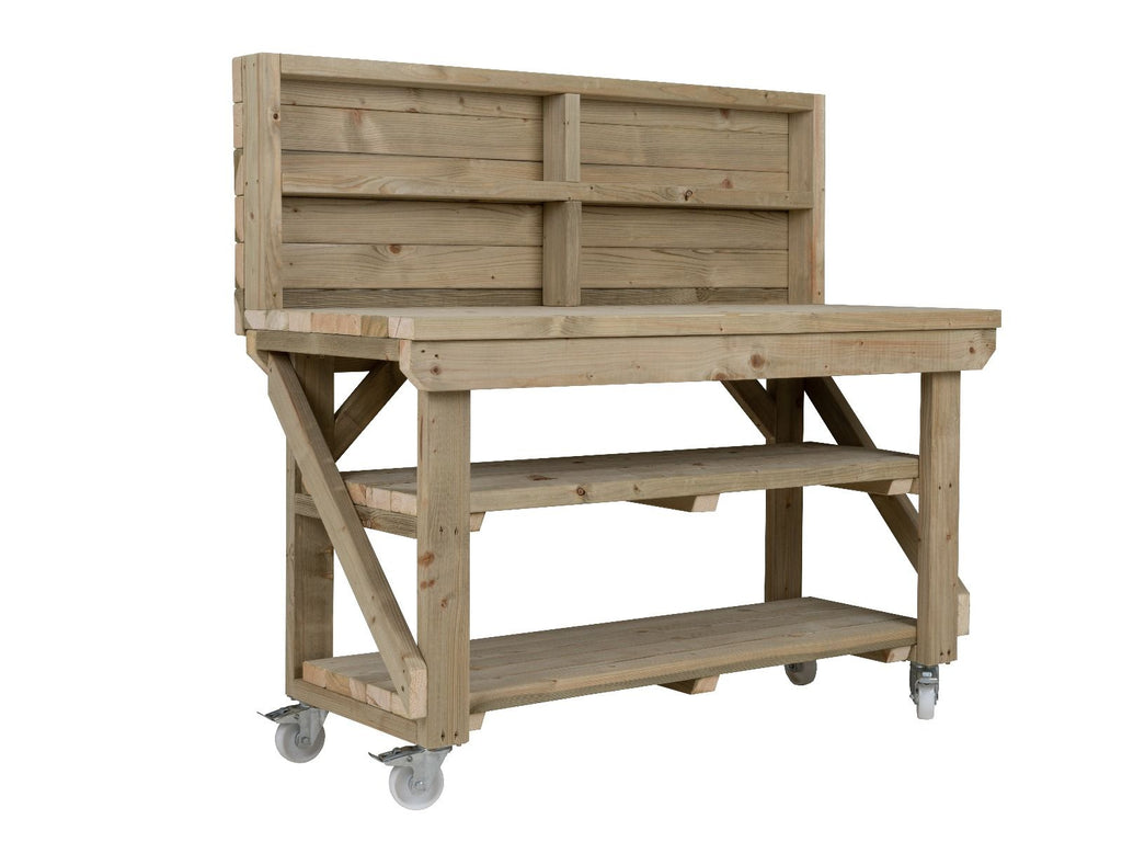 Indoor/outdoor workbench, pressure treated bench with back panel, double shelf and wheels