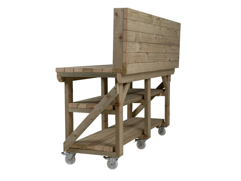 Indoor/outdoor workbench, pressure treated bench with back panel, double shelf and wheels