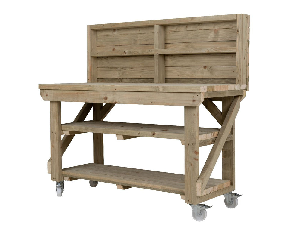 Indoor/outdoor workbench, pressure treated bench with back panel, double shelf and wheels