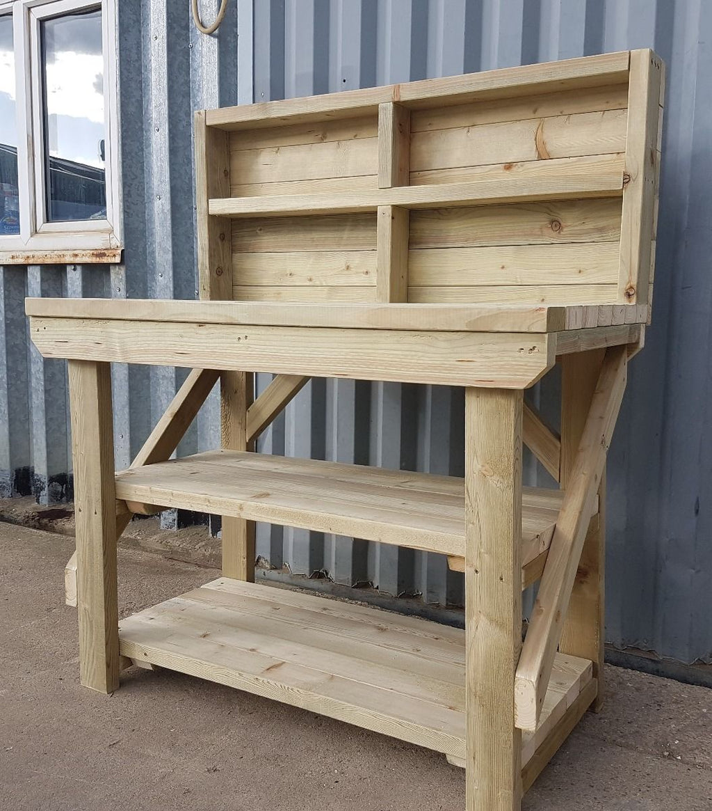 Indoor/outdoor workbench, pressure treated bench with back panel and double shelf