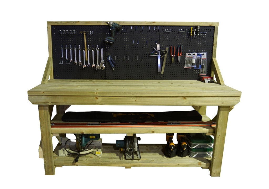 Wooden Pressure Treated Workbench With Peg Board with Double Shelf