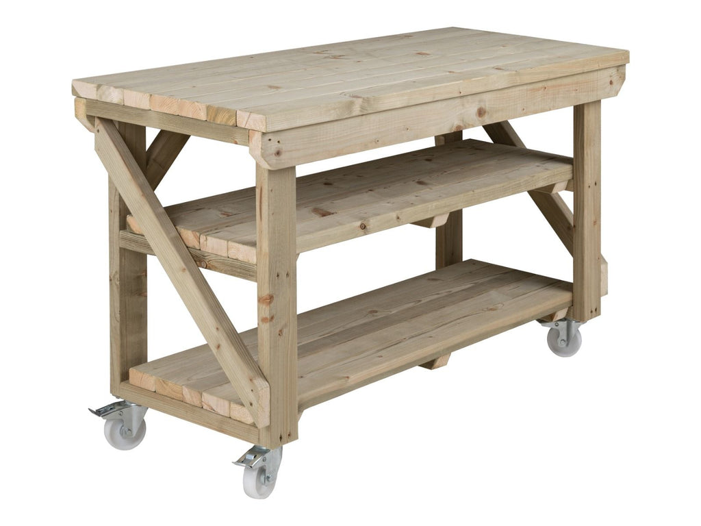 Indoor/outdoor workbench, pressure treated bench with double shelf and wheels