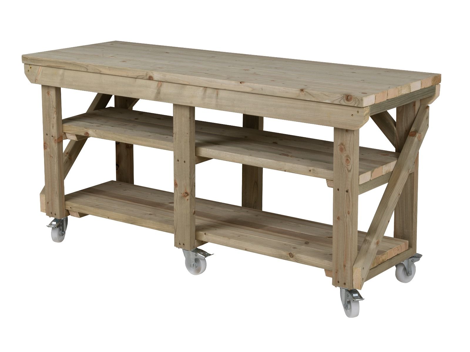 Indoor/outdoor workbench, pressure treated bench with double shelf and wheels
