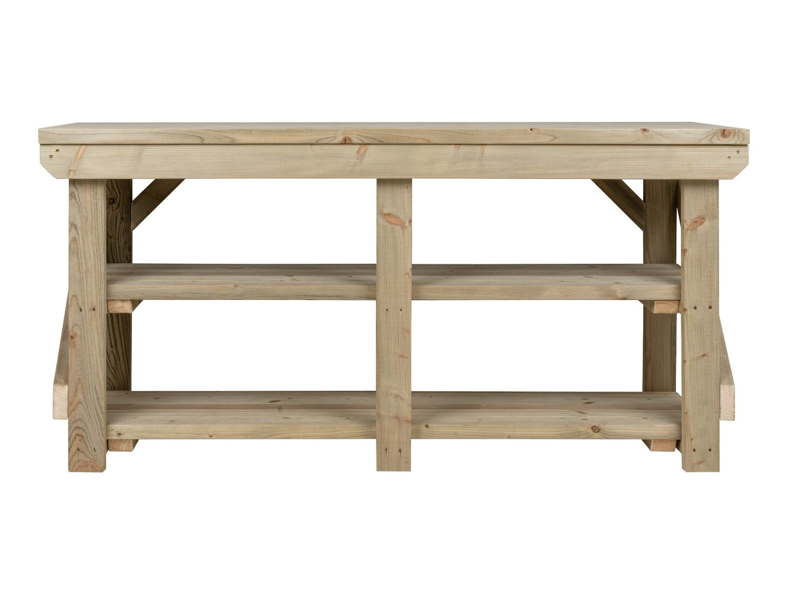 Indoor/outdoor workbench, pressure treated bench with double shelf