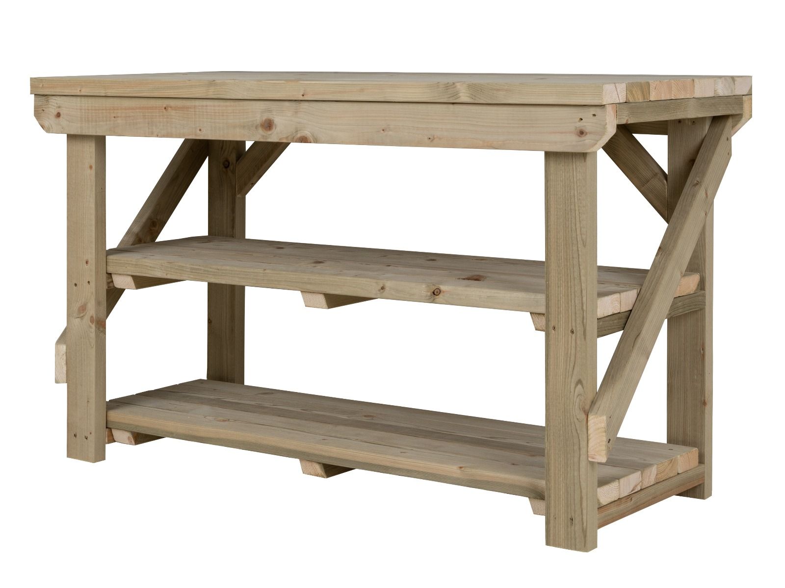 Indoor/outdoor workbench, pressure treated bench with double shelf
