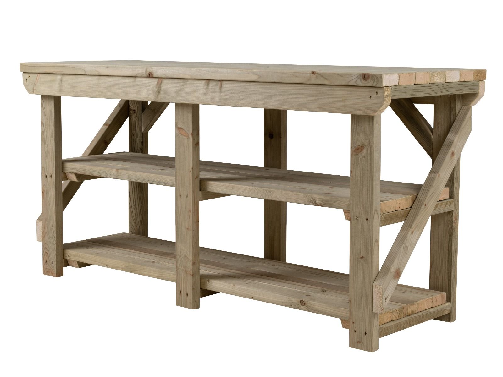 Indoor/outdoor workbench, pressure treated bench with double shelf