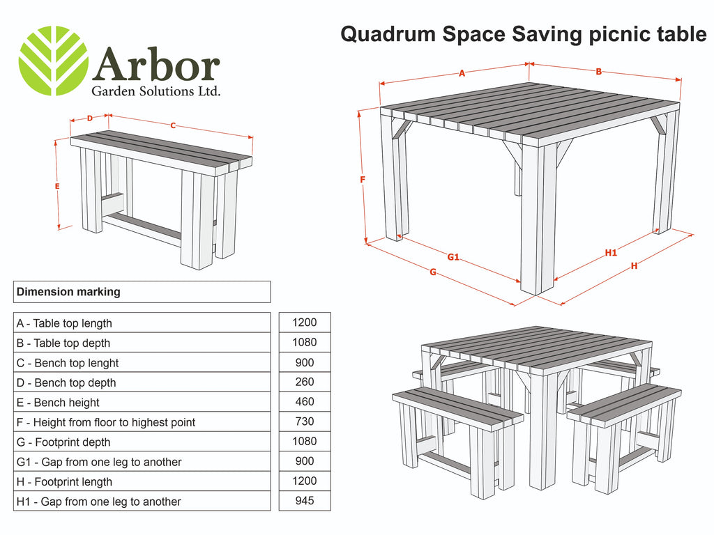 QUADRUM Picnic Table With 4 Benches - Rustic Finish