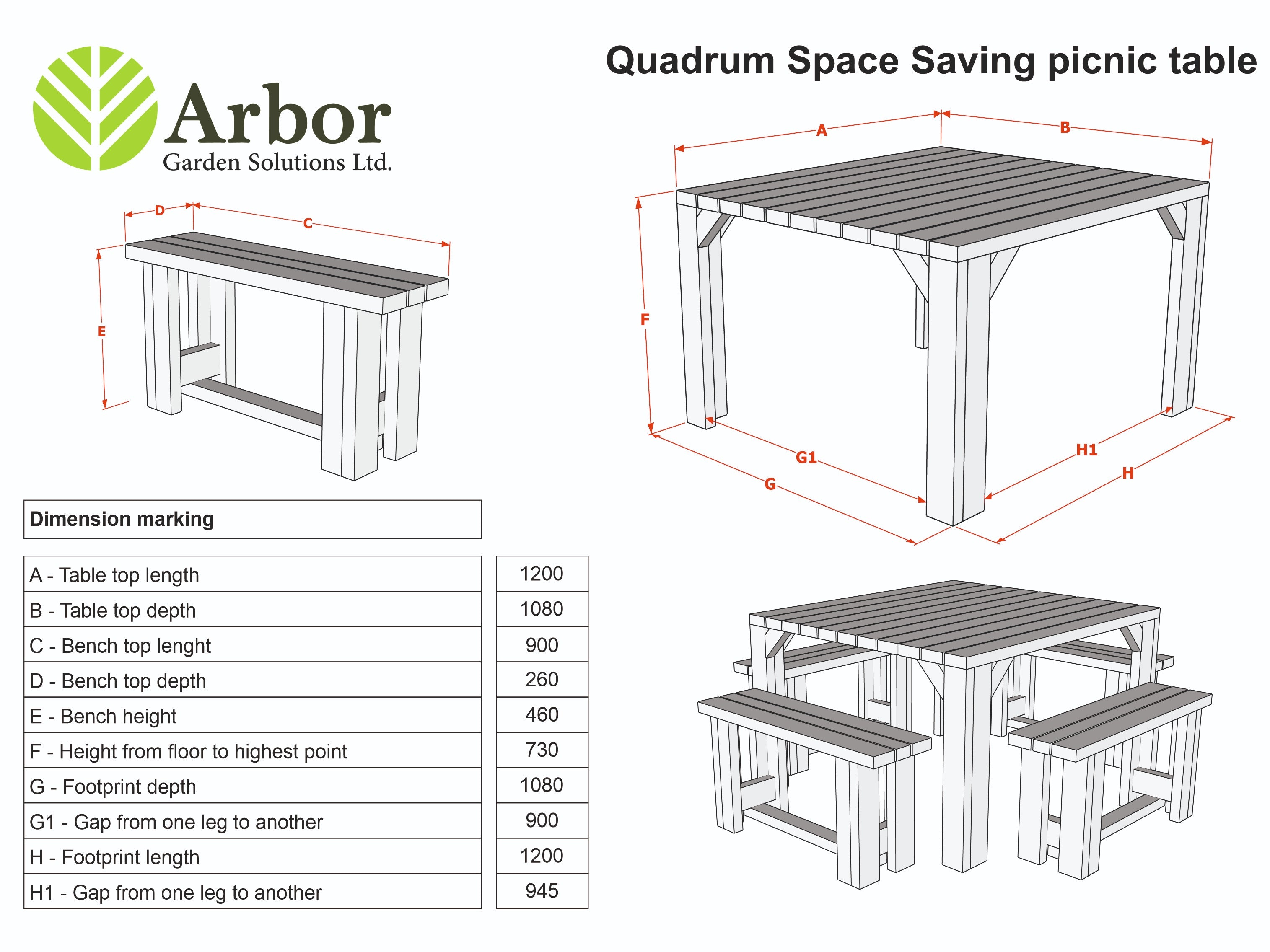 QUADRUM Picnic Table With 4 Benches - Rustic Finish