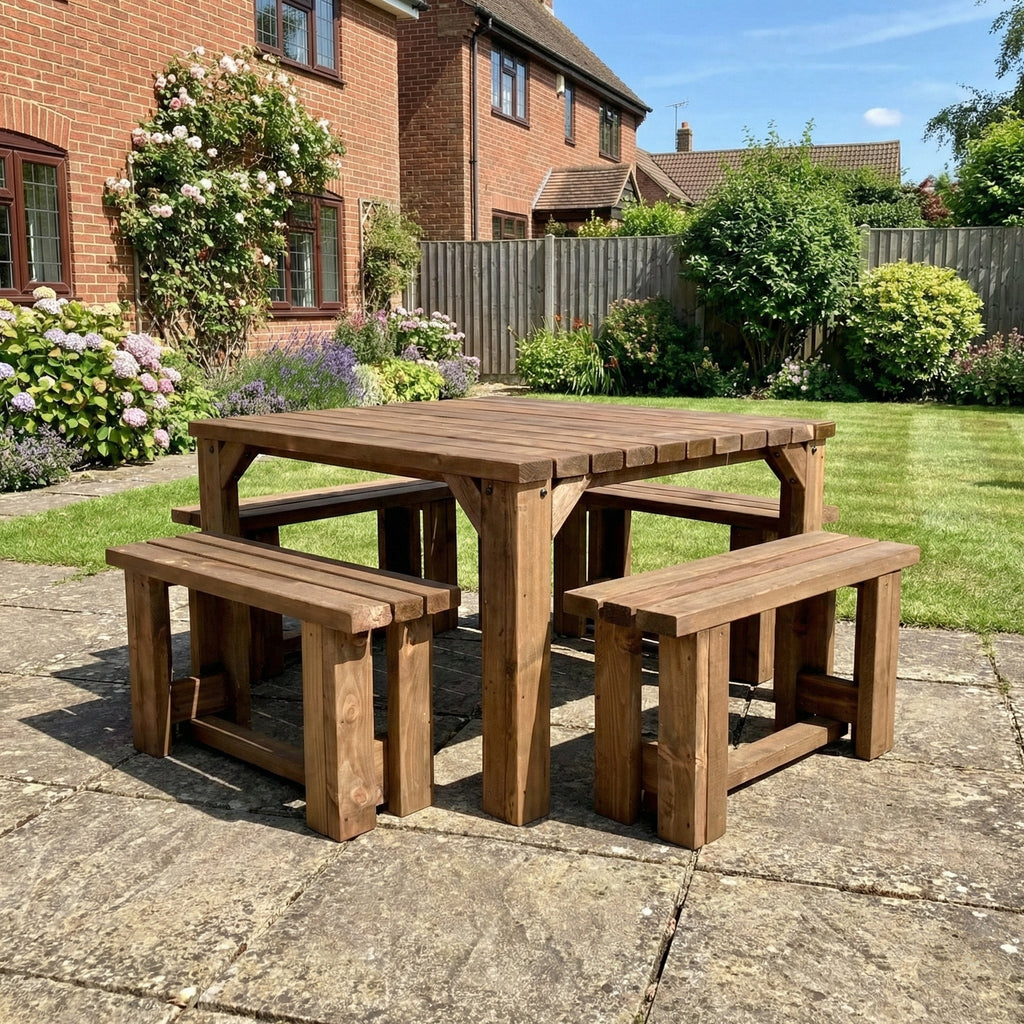 QUADRUM Picnic Table With 4 Benches - Rustic Finish