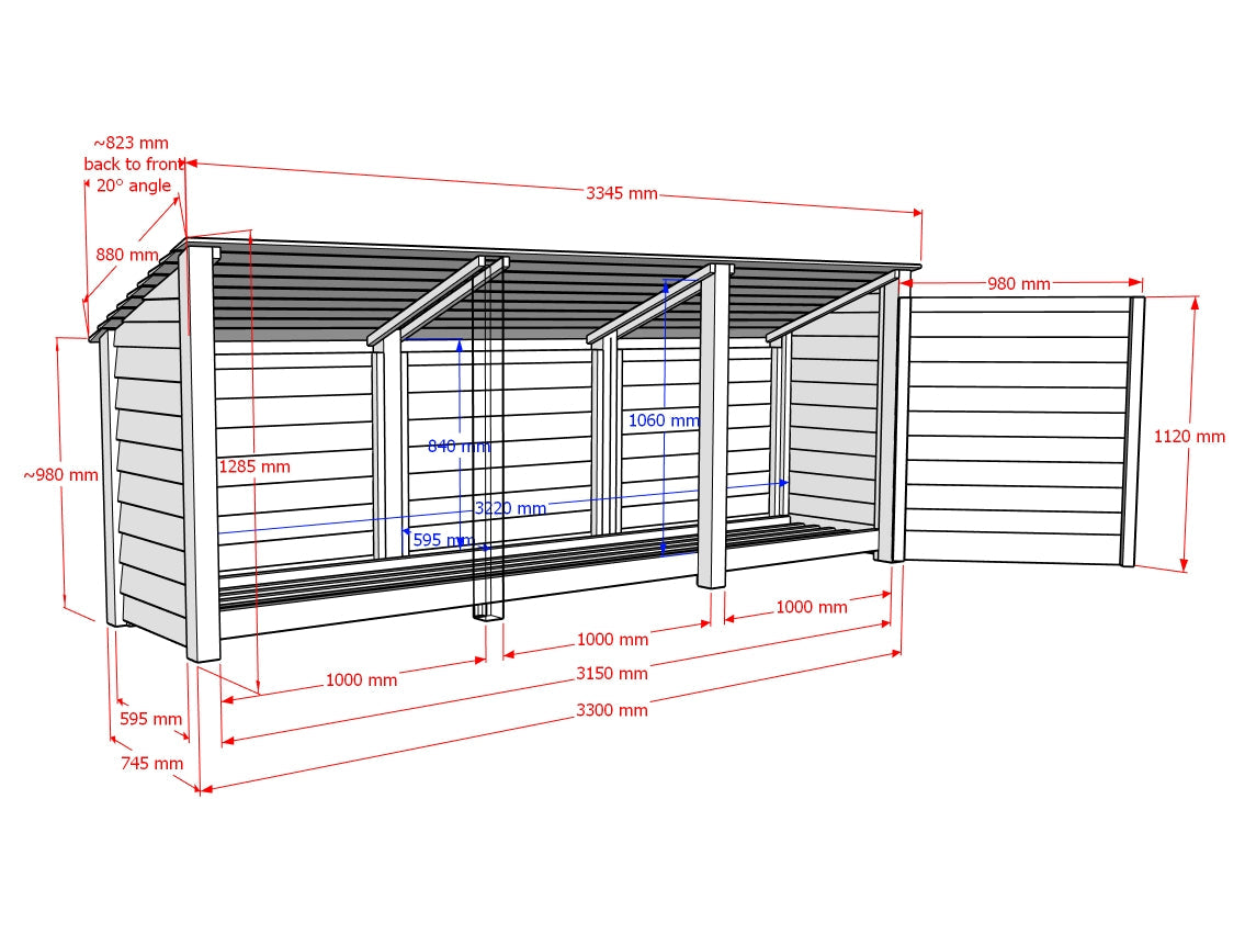 Wooden Garden Tool Storage (Roof Sloping Back) W-335cm, H-126cm or 180cm, D-88cm - Brown Finish