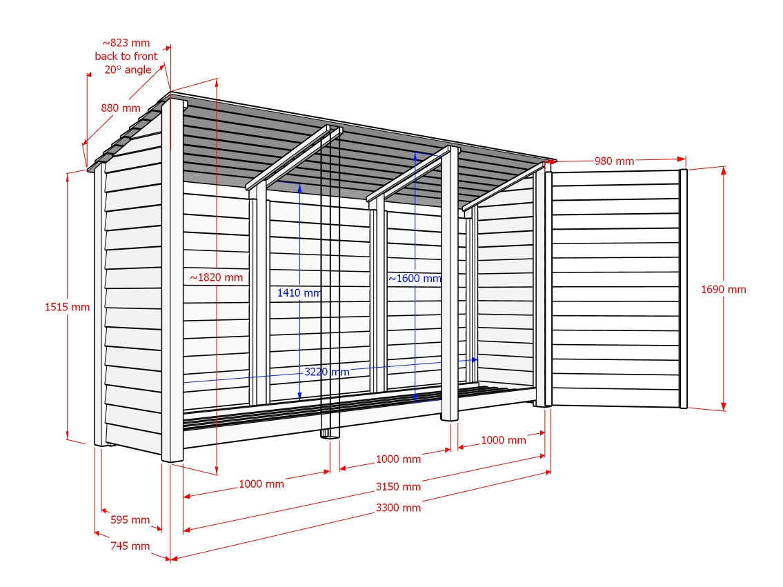 Wooden Log Store (Roof Sloping Back) with Doors and Shelf W-335cm, H-126cm or 180cm, D-88cm - Brown Finish