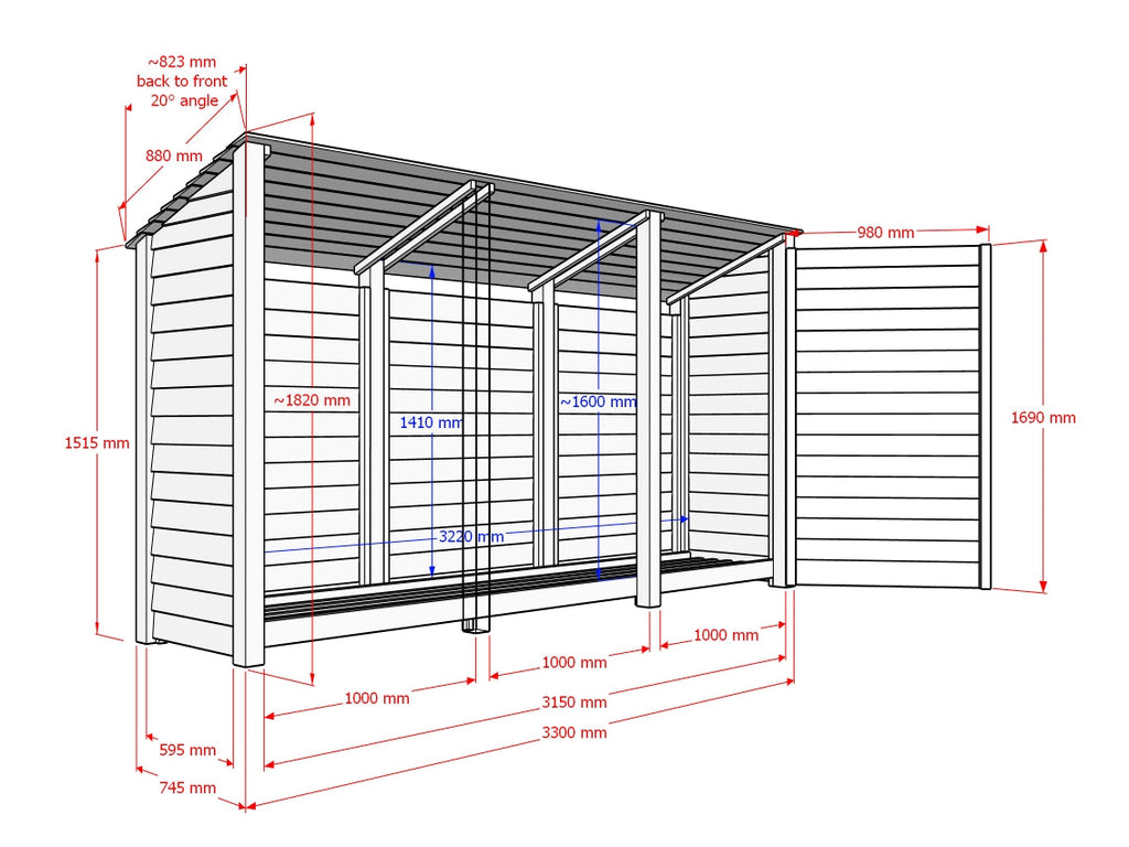 Wooden Log Store (Roof Sloping Back) with Shelf W-335cm, H-126cm or 180cm, D-88cm - Brown Finish