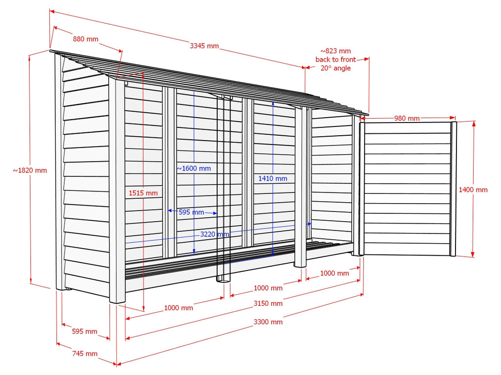 Slatted Wooden Log Store with Doors and Shelf W-335cm, H-126cm or 180cm, D-88cm - Brown Finish