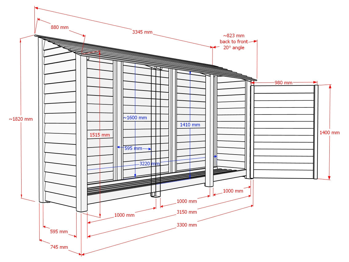 Slatted Wooden Log Store W-335cm, H-126cm or 180cm, D-88cm