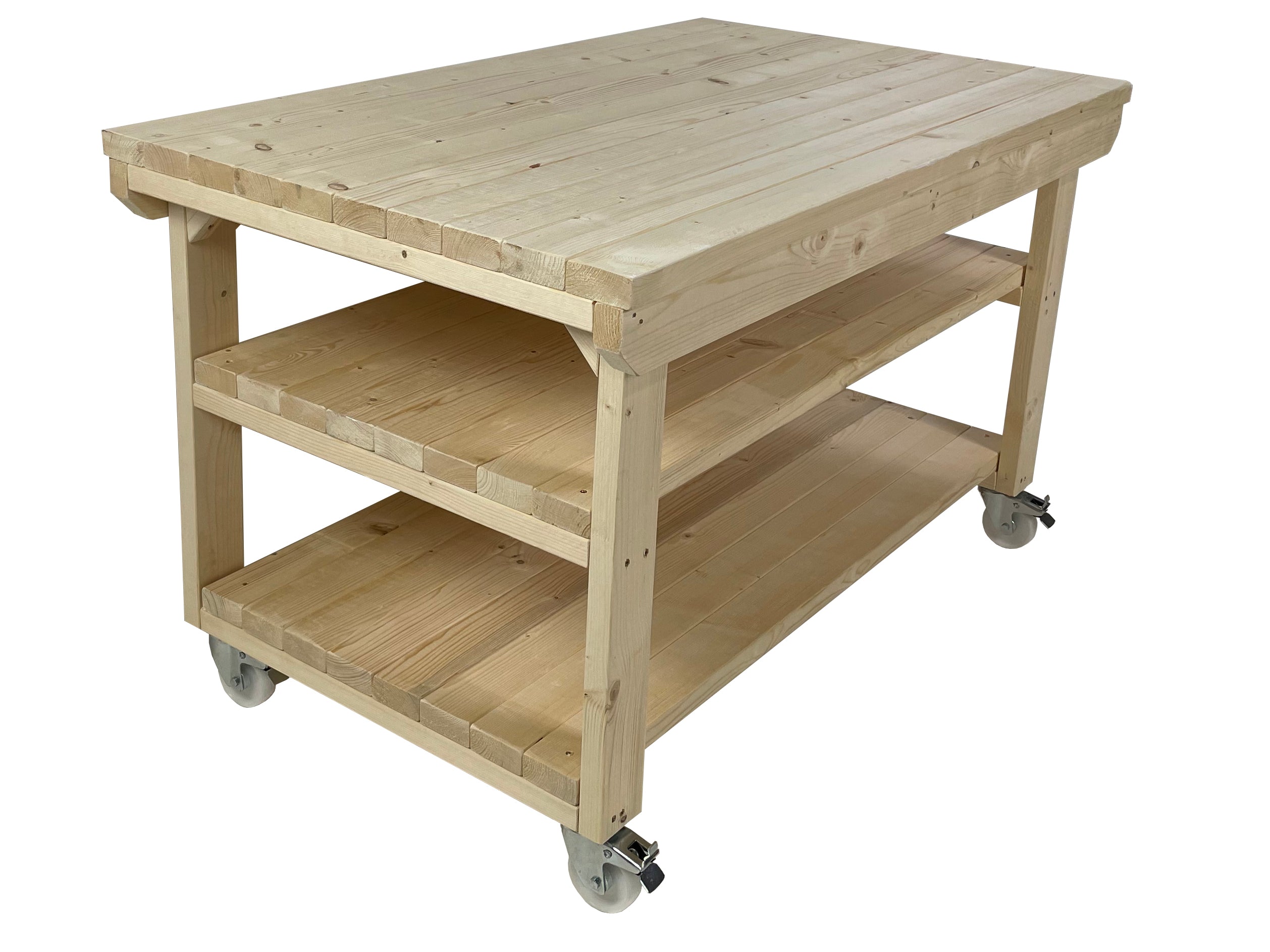 Rotem Wooden Kiln-Dry Workbench Depth-3ft With Wheels and Double Shelf