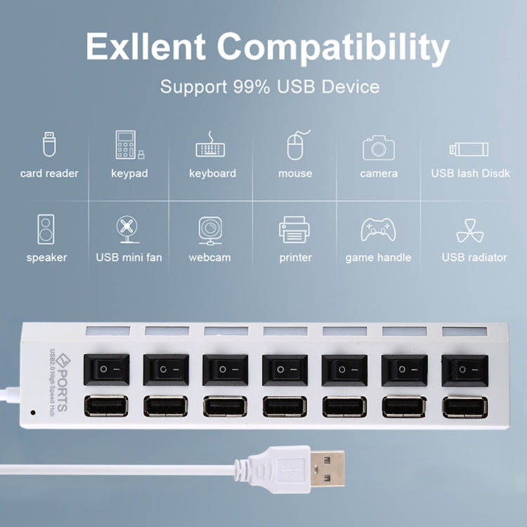 7 Ports USB Hub 2.0 USB Splitter High Speed 480Mbps with ON/OFF Switch / 7 LEDs(Black)