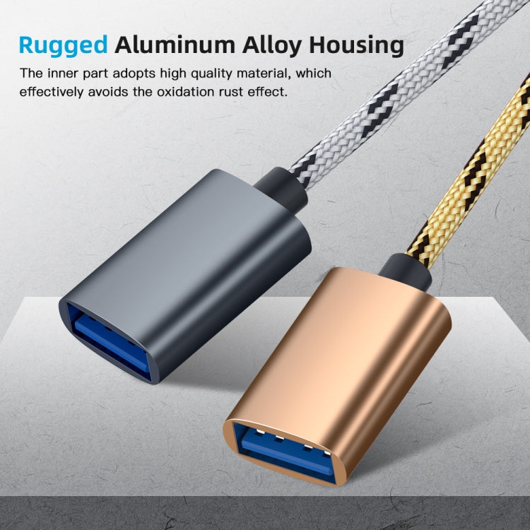 USB 3.0 Female to Micro USB + USB-C / Type-C Male Charging + Transmission OTG Nylon Braided Adapter Cable, Cable Length: 17cm, Micro USB 17cm Grey, Micro USB 17cm Gold