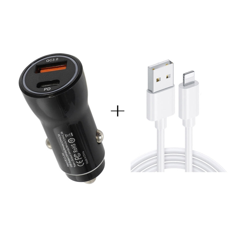 P21 PD 20W USB-C / Type-C + QC3.0 18W USB Fast Car Charger with USB to 8 Pin Data Cable Set(Black)