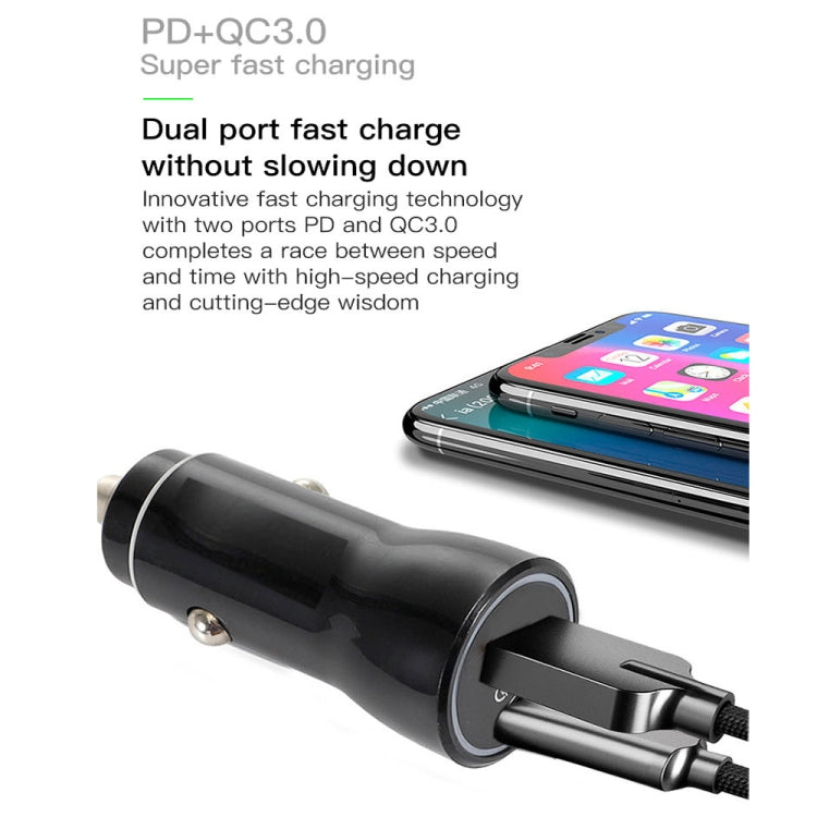 P21 PD 20W USB-C / Type-C + QC3.0 18W USB Fast Car Charger with USB to 8 Pin Data Cable Set(Black)