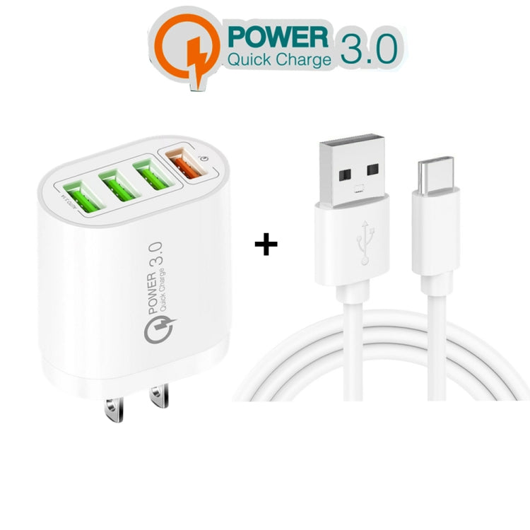 QC-04 QC3.0 + 3 x USB2.0 Multi-ports Charger with 3A USB to Type-C Data Cable, US Plug(Black)