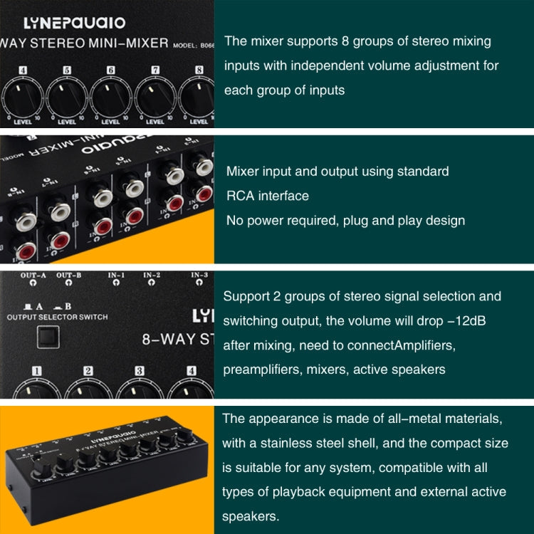 B066 Mini Stereo 8 Channel RCA Non Source Sound Passive Mixer, No Power Supply, 8 Channel RCA