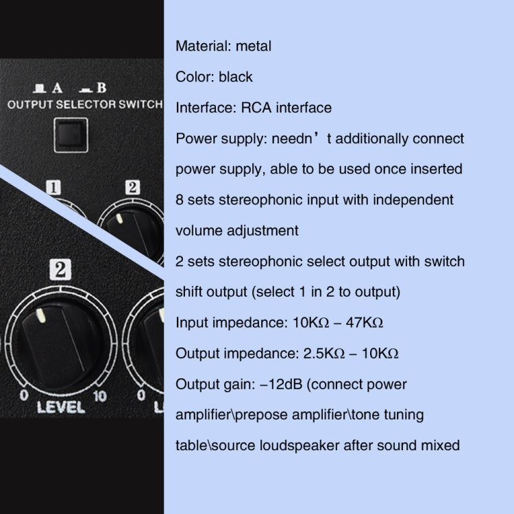 B066 Mini Stereo 8 Channel RCA Non Source Sound Passive Mixer, No Power Supply, 8 Channel RCA