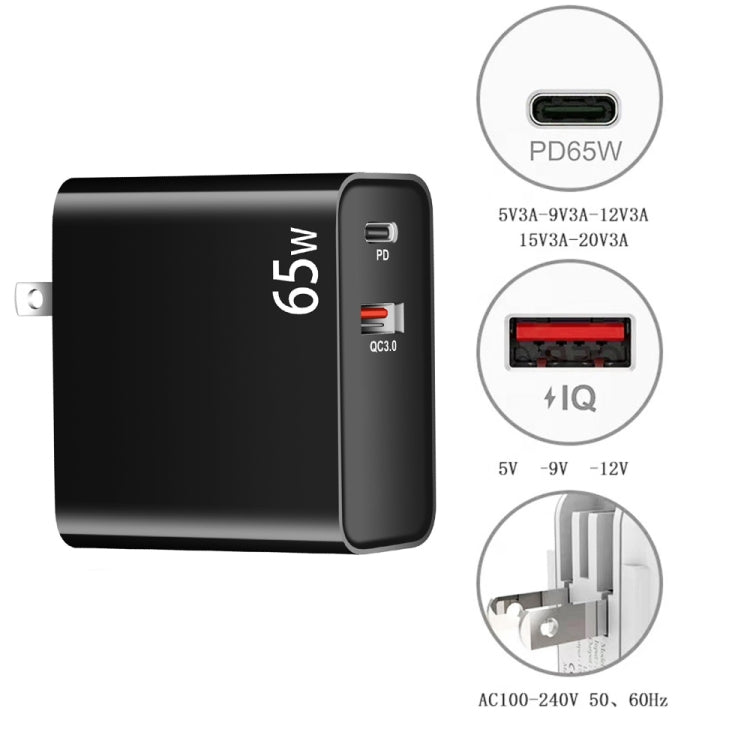 PD-65W USB-C / Type-C + QC3. 0 USB Laptop Charging Adapter + 1.8m USB-C / Type-C to MagSafe 2 / T Head Data Cable, UK Plug / US Plug(Black)