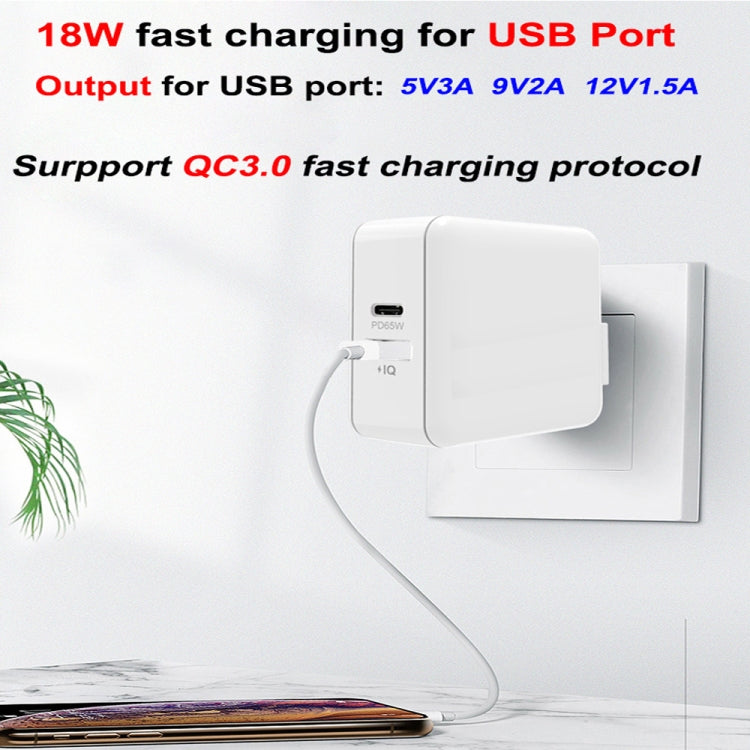 PD-65W USB-C / Type-C + QC3. 0 USB Laptop Charging Adapter + 1.8m USB-C / Type-C to MagSafe 2 / T Head Data Cable, UK Plug / US Plug(Black)