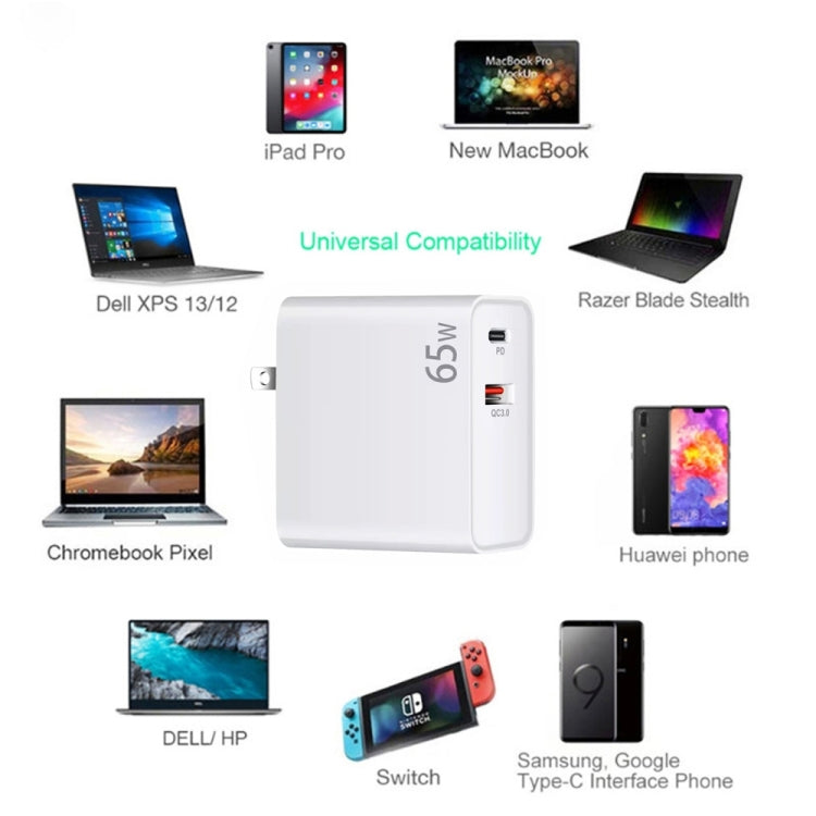PD-65W USB-C / Type-C + QC3. 0 USB Laptop Charging Adapter + 1.8m USB-C / Type-C to MagSafe 2 / T Head Data Cable, UK Plug / US Plug(Black)